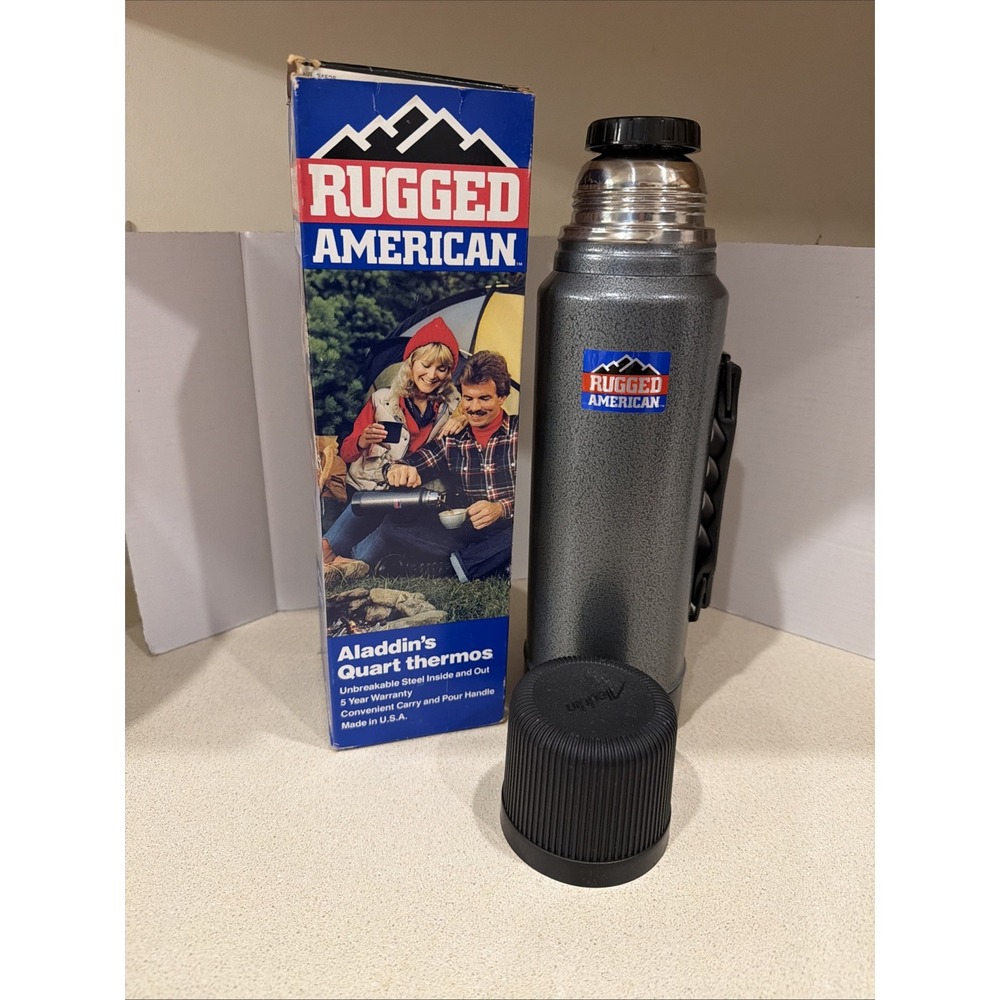 Vintage Aladdin Quart Thermos Rugged American with handle Made USA New In Box(2)